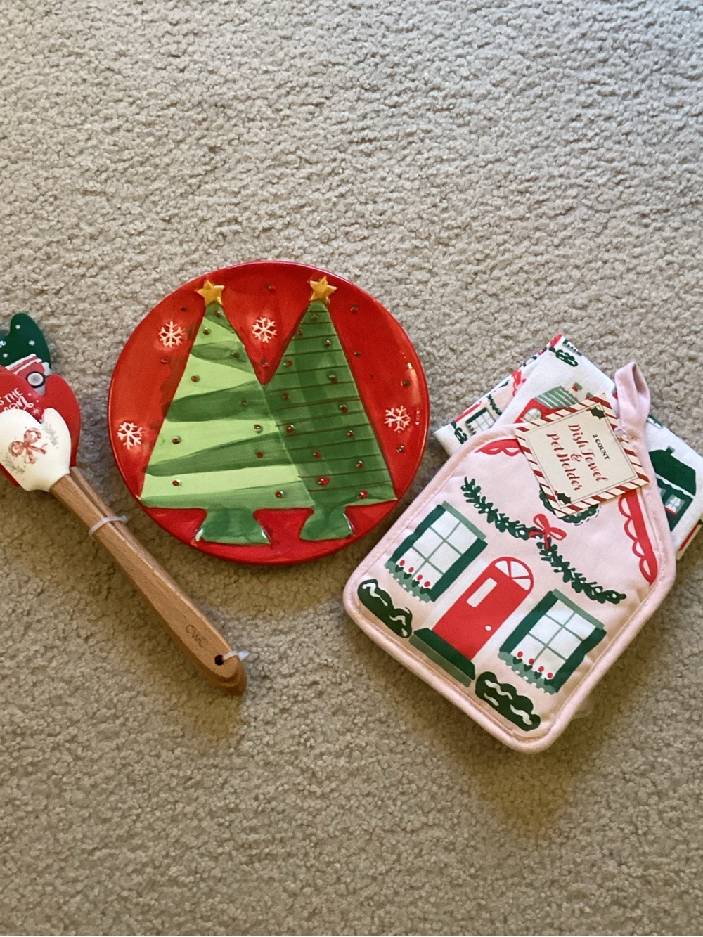Festive Red Christmas Tree Decorative Cookie Plate and Kitchen Set